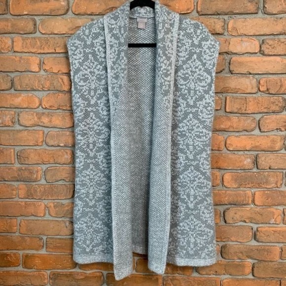 Chico's Wool Blend Sleeveless Open Front Sequined Cardigan Sweater Vest Gray - L - Picture 1 of 5
